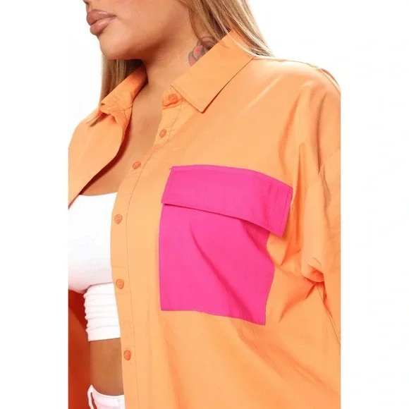 Fashion Nova Chelsea Oversized Poplin Shirt - Orange/combo - Picture 2 of 5